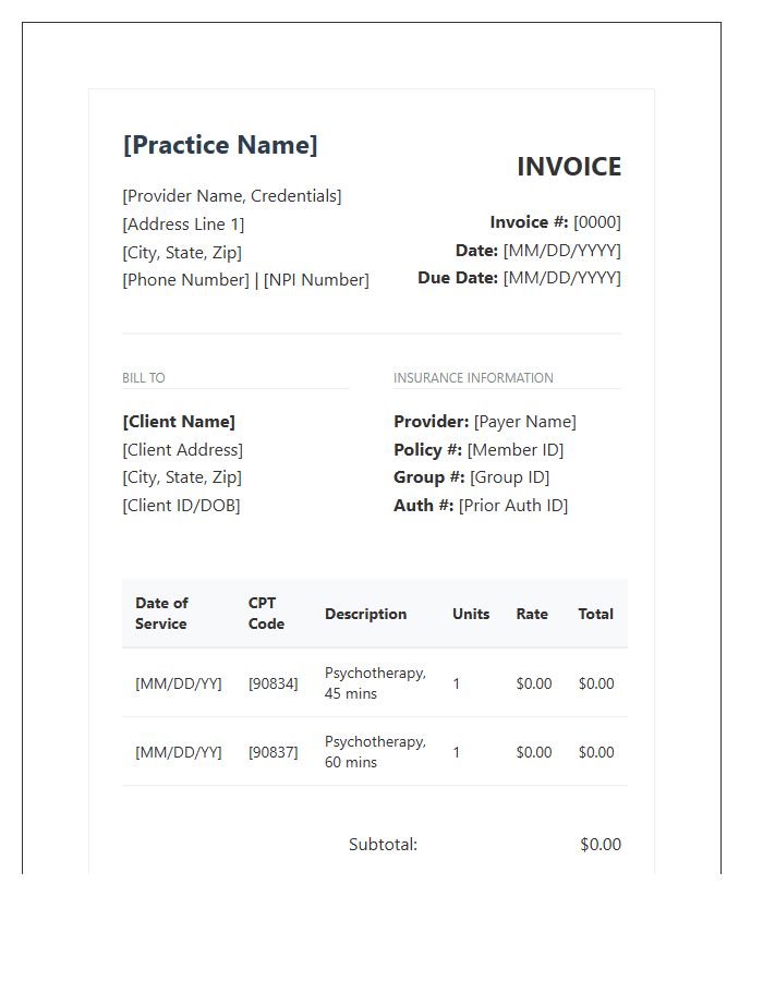 Professional Psychotherapy Session Billing Invoice Template