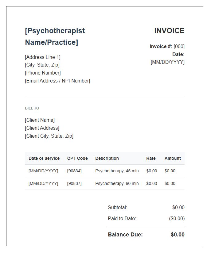 Psychotherapist Private Practice Invoice Template