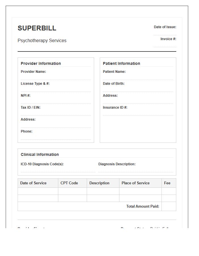Superbill Psychotherapy Session Invoice Template