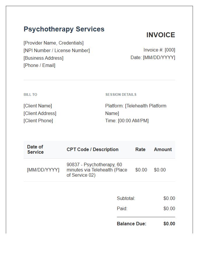 Telehealth Psychotherapy Session Invoice Template