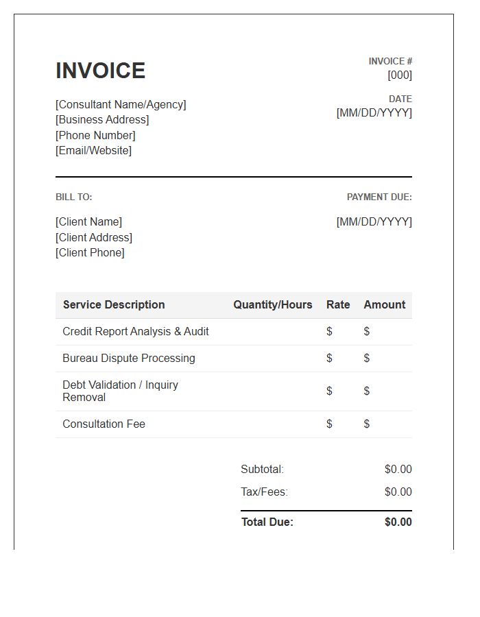 Independent Credit Consultant Invoice Template
