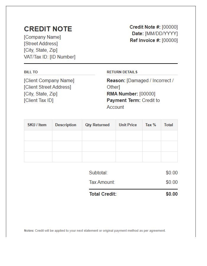 B2B Goods Return Credit Note Invoice Template