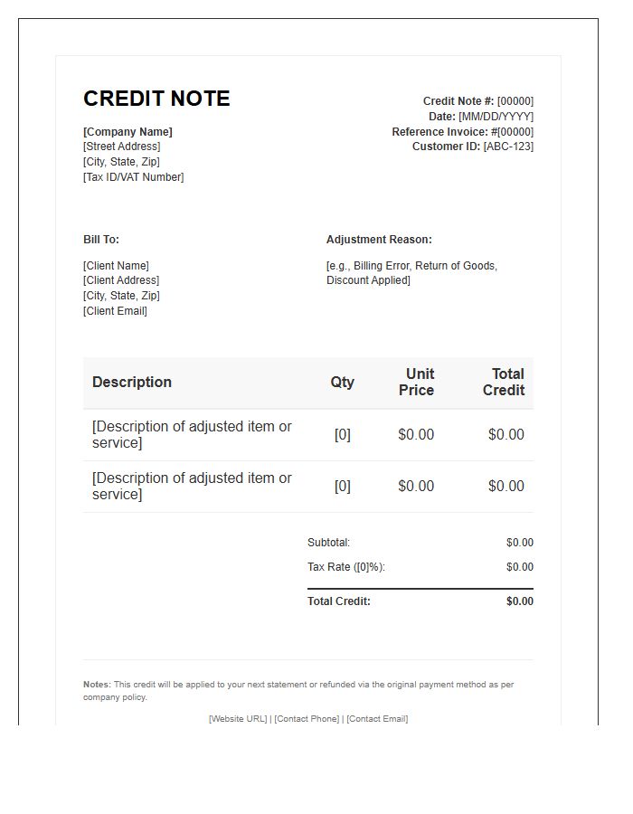 Business Billing Adjustment Credit Note Invoice Template