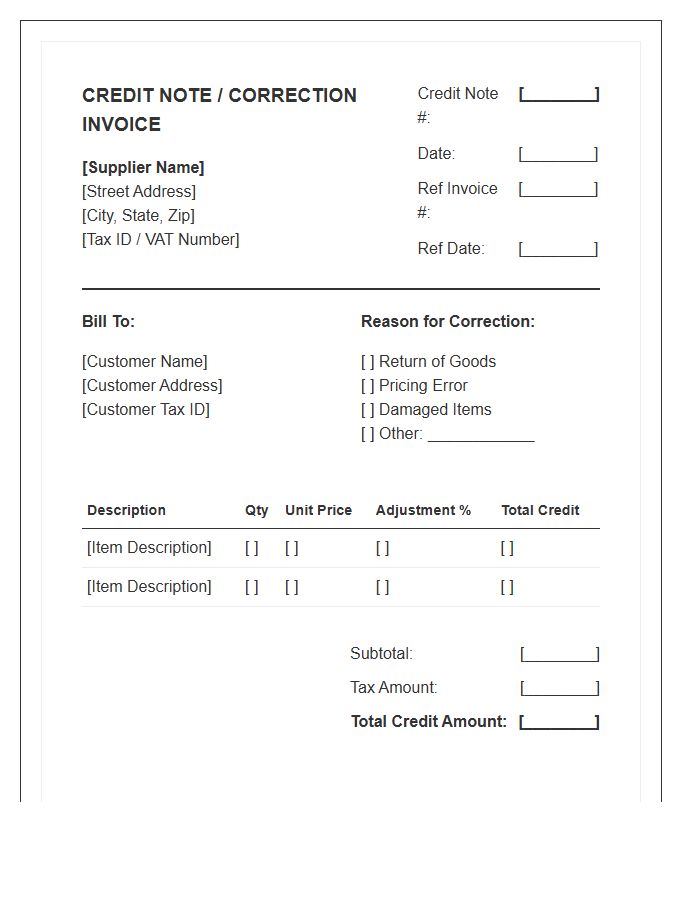 Commercial Supplier Correction Credit Note Invoice Template