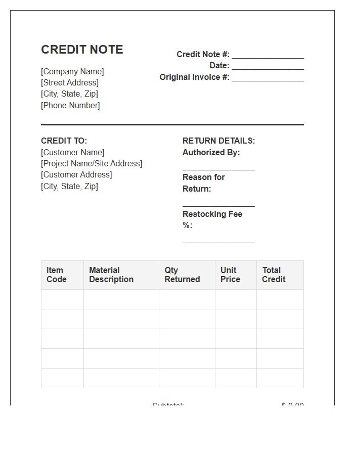 Construction Material Return Credit Note Invoice Template