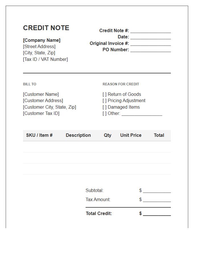 Corporate Procurement Credit Note Invoice Template