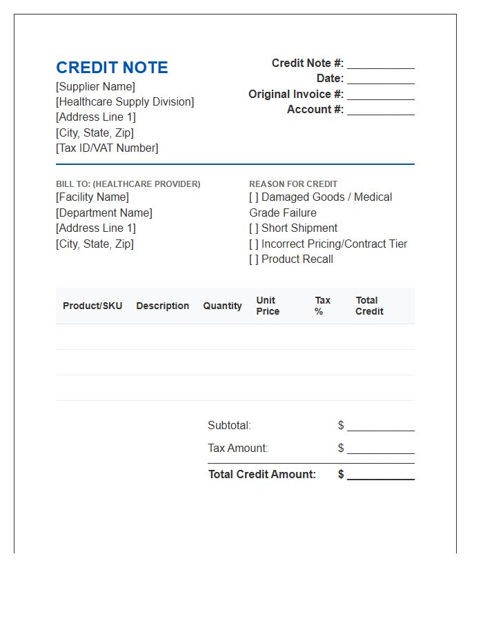 Healthcare Provider Supplier Credit Note Invoice Template