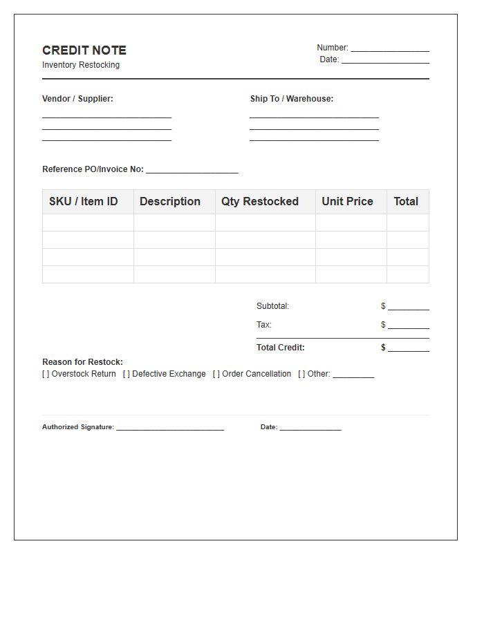 Inventory Restocking Credit Note Invoice Template