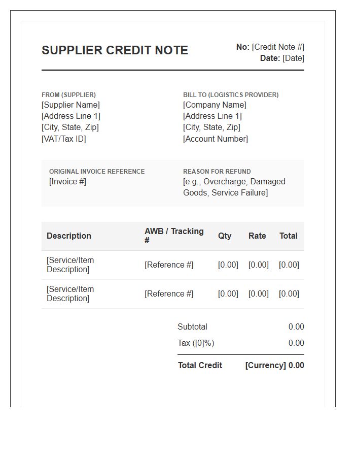Logistics Refund Supplier Credit Note Invoice Template