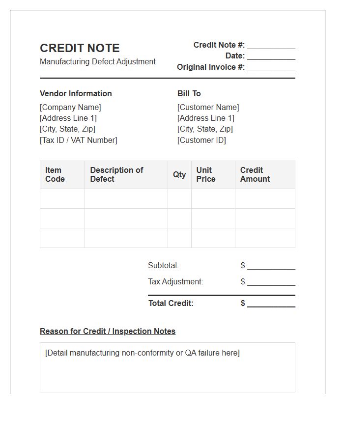 Manufacturing Defect Credit Note Invoice Template