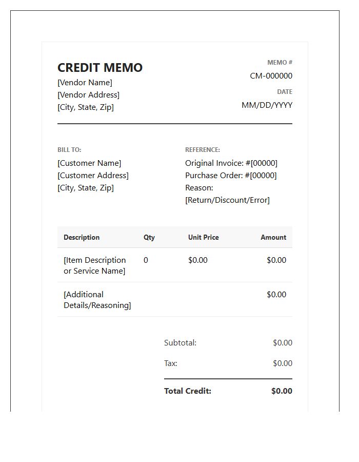 Professional Vendor Credit Memo Invoice Template
