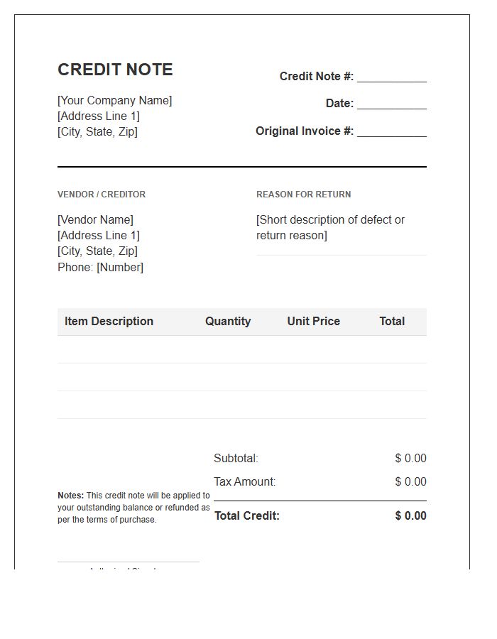 Purchase Return Credit Note Invoice Template
