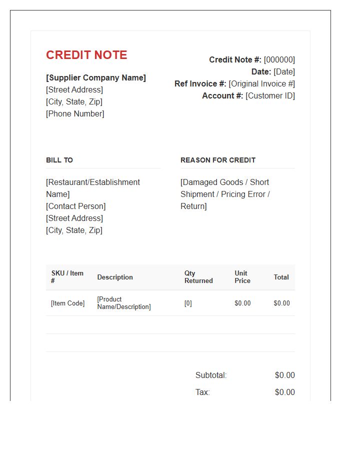 Restaurant Supply Credit Note Invoice Template