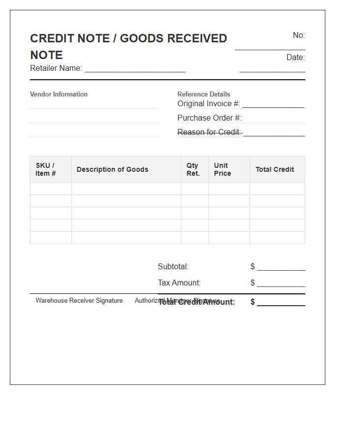 Retailer Goods Received Note Credit Invoice Template