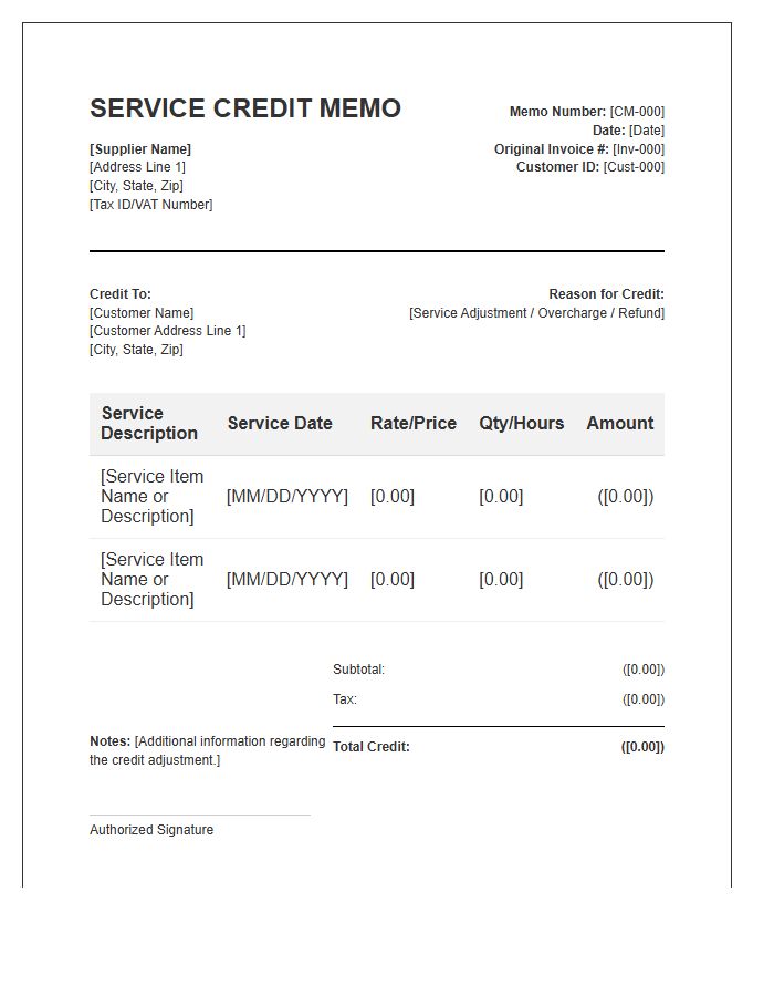 Service Credit Memo Supplier Invoice Template
