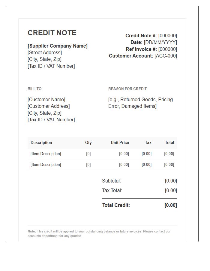 Standard Supplier Credit Note Invoice Template