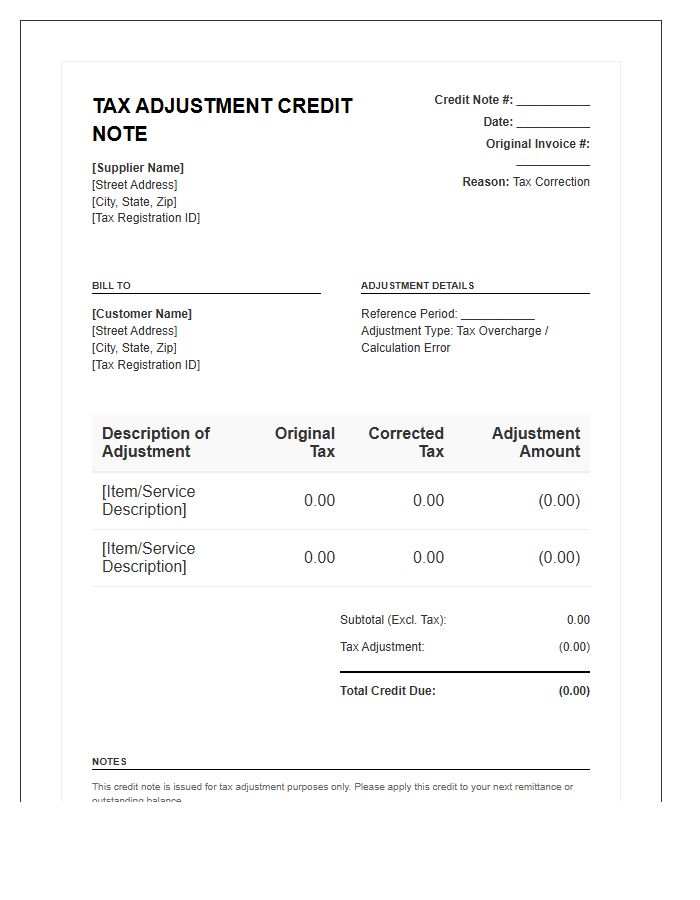 Tax Adjustment Supplier Credit Note Invoice Template