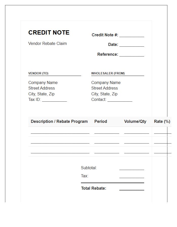 Wholesale Vendor Rebate Credit Note Invoice Template