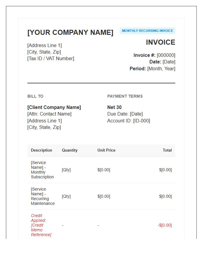 B2B Recurring Monthly Credit Invoice Template