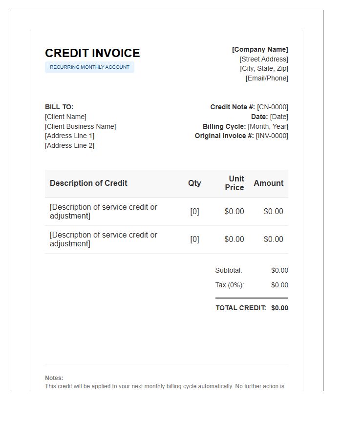 Business Recurring Monthly Credit Invoice Template