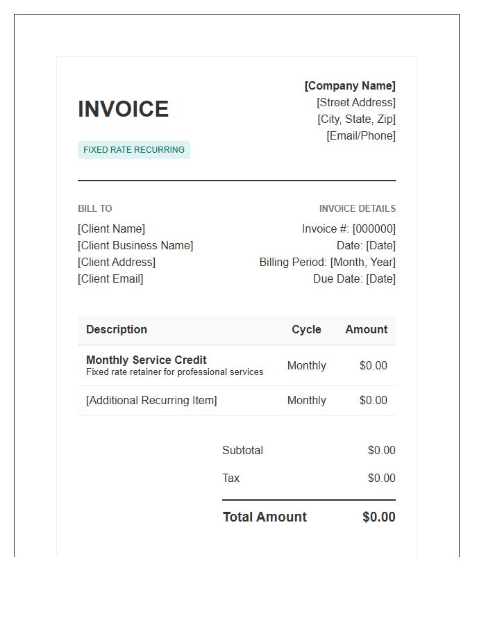 Fixed Rate Recurring Monthly Credit Invoice Template