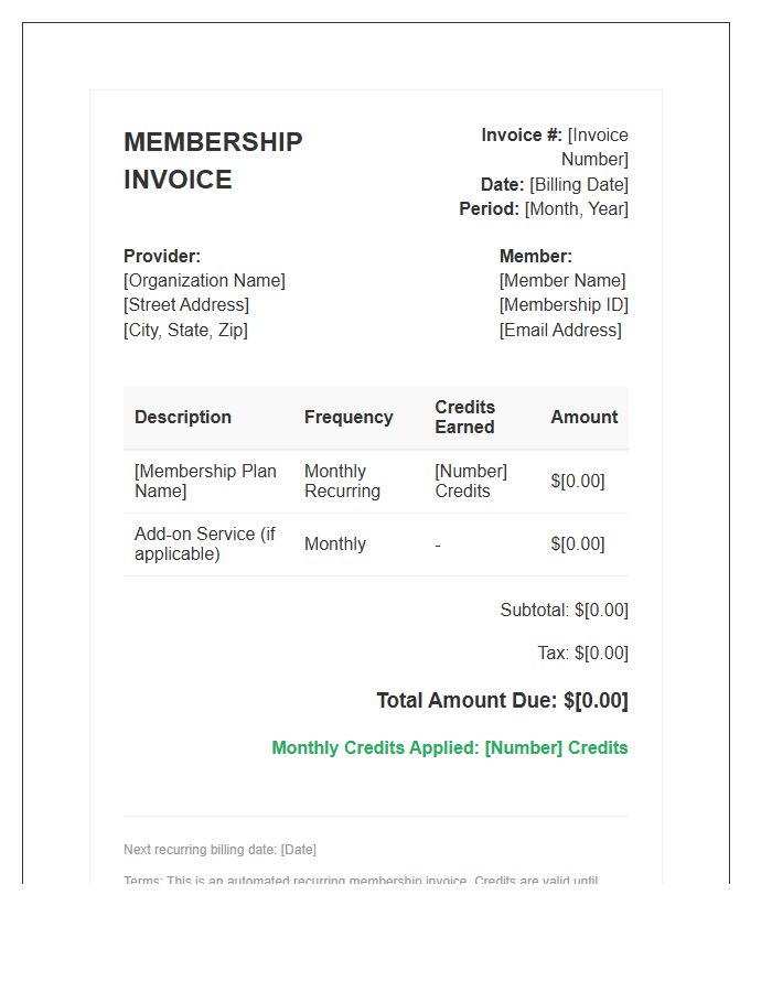Membership Recurring Monthly Credit Invoice Template