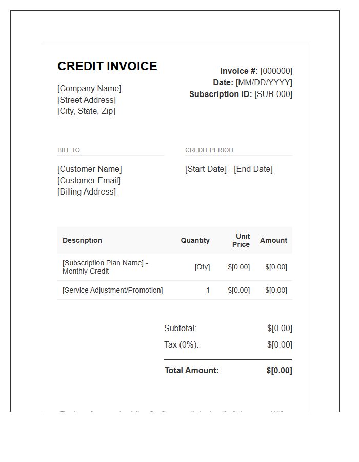 Monthly Subscription Credit Invoice Template