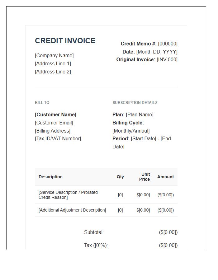 Professional Subscription Credit Invoice Template