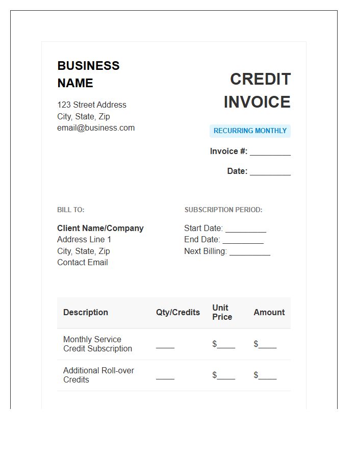 Recurring Monthly Credit Invoice Template For Small Business