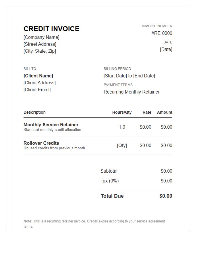 Retainer Recurring Monthly Credit Invoice Template