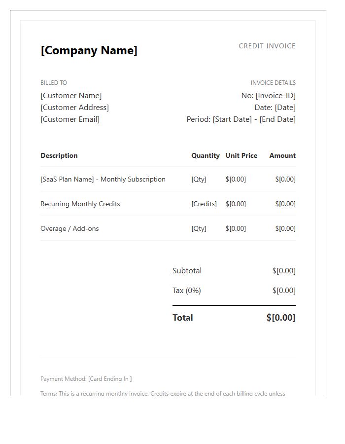 SaaS Recurring Monthly Credit Invoice Template
