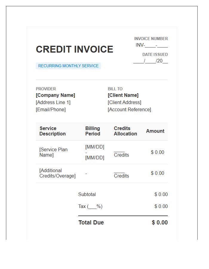 Service Based Recurring Monthly Credit Invoice Template