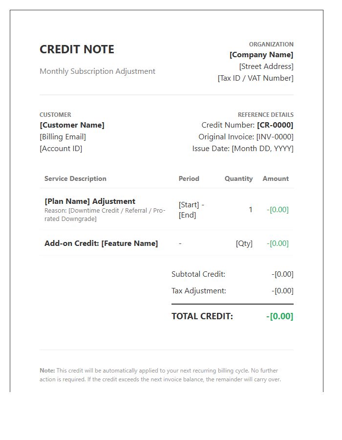 Software Recurring Monthly Credit Invoice Template