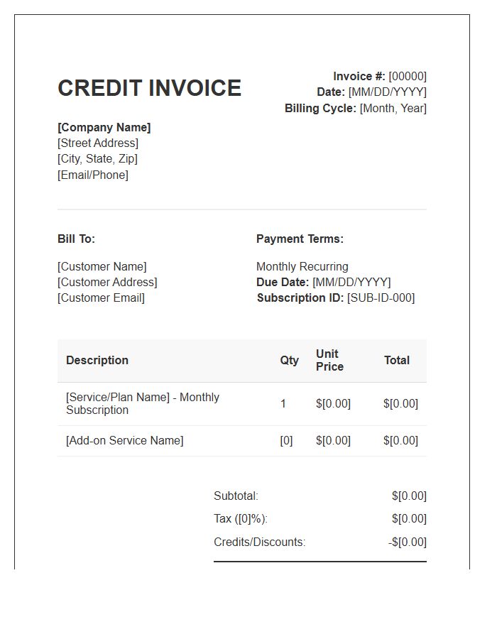 Standard Recurring Monthly Credit Invoice Template
