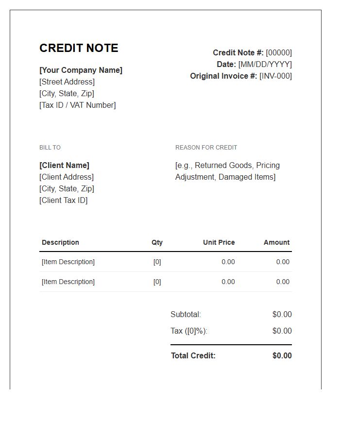 Accounting Credit Note Invoice Template