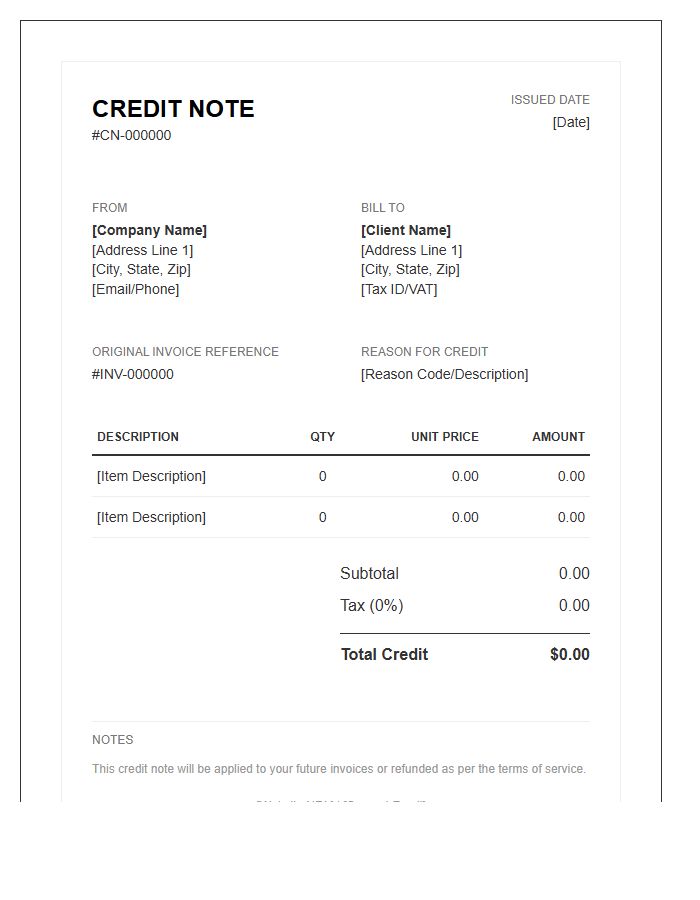 Automated Credit Note Invoice Template