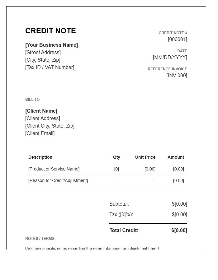 Business Credit Note Invoice Template