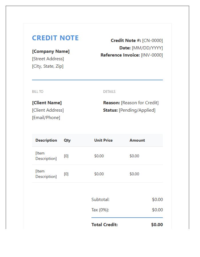 Cloud Based Credit Note Invoice Template