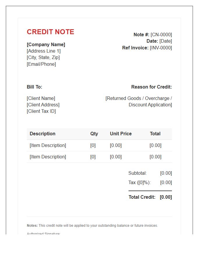 Digital Billing Credit Note Invoice Template