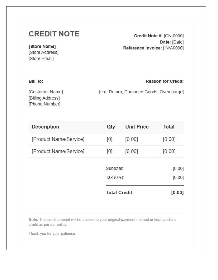 Ecommerce Credit Note Invoice Template