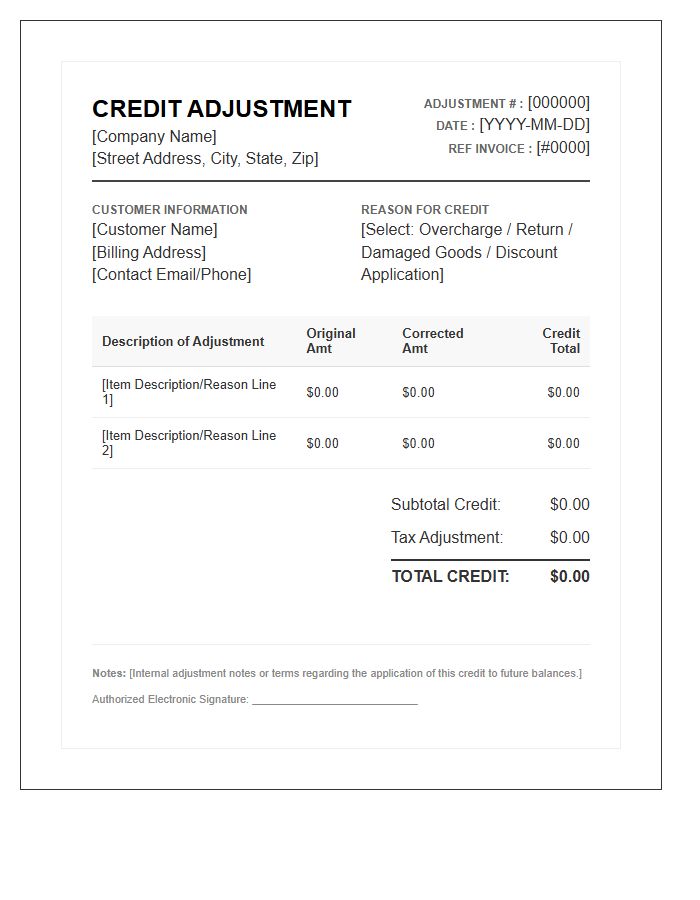 Electronic Credit Adjustment Invoice Template