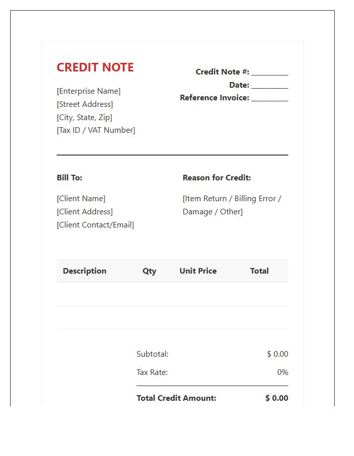 Enterprise Credit Note Invoice Template