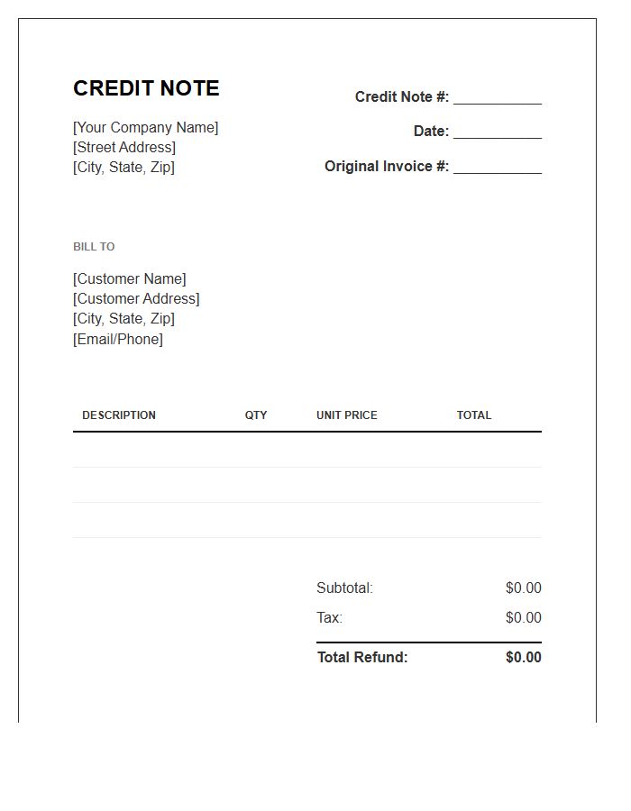 Refund Credit Note Invoice Template