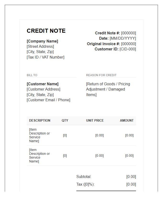 Standardized Credit Note Invoice Template