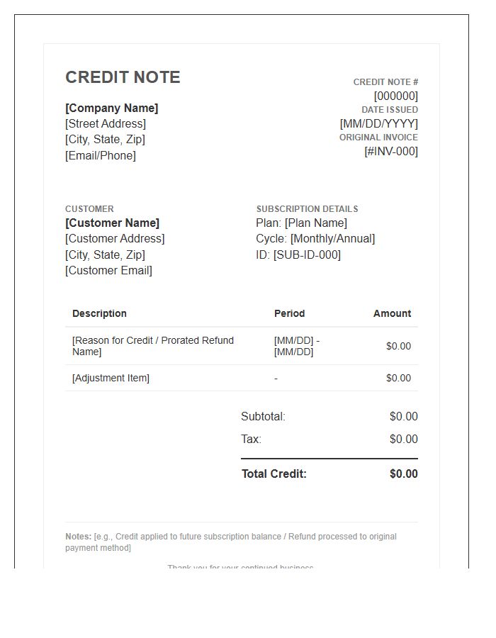 Subscription Credit Note Invoice Template