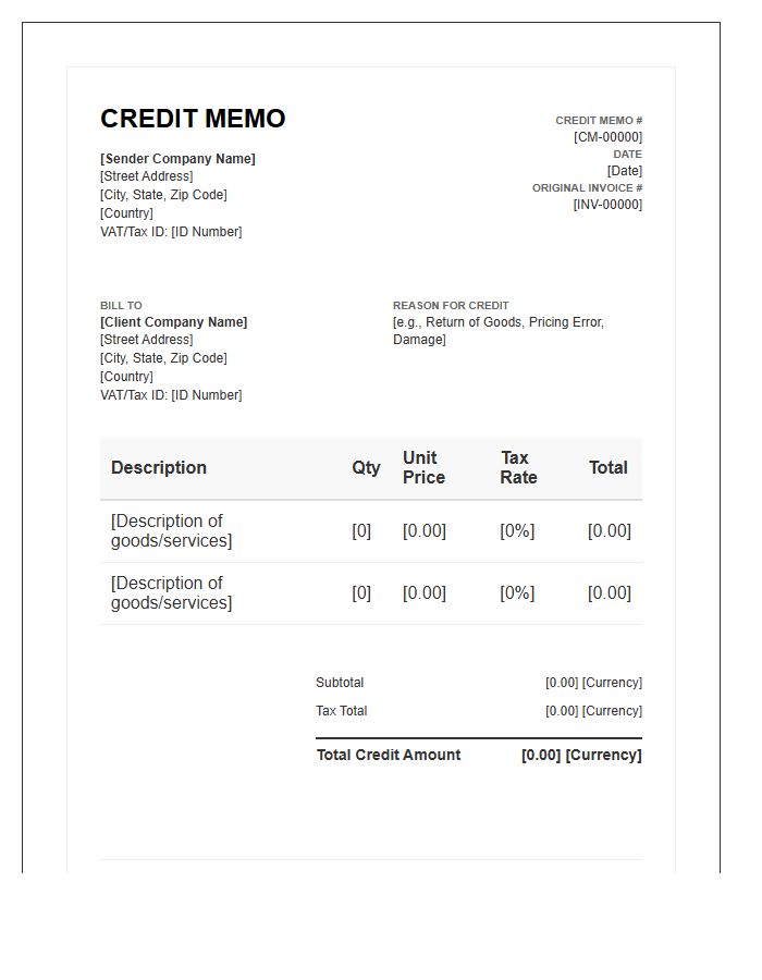 B2B International Credit Memo Invoice Template