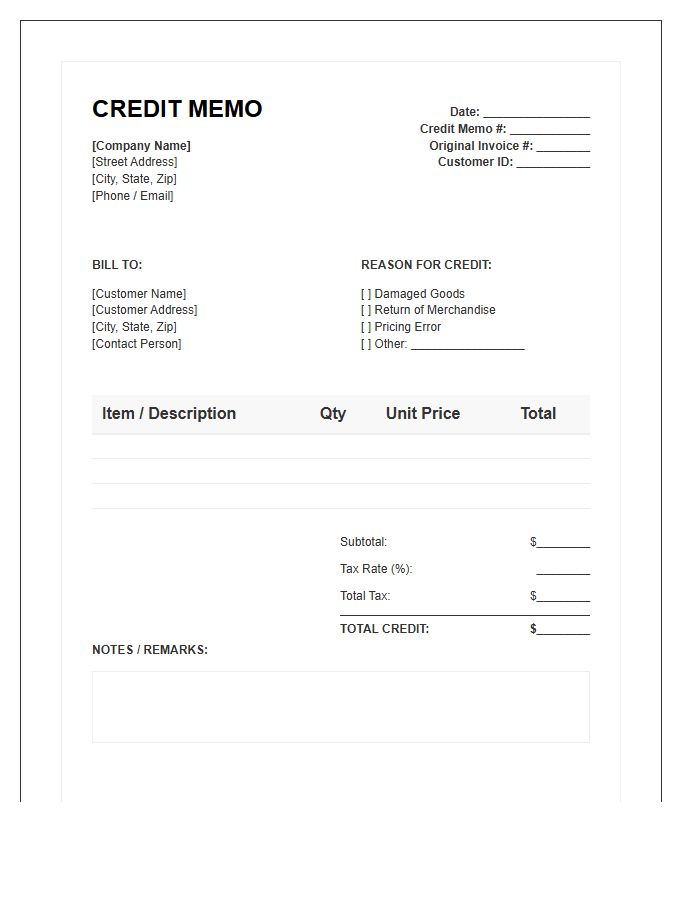 Commercial Credit Memo Invoice Template
