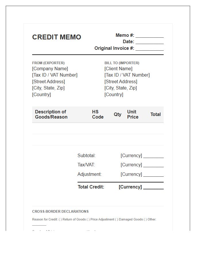 Cross Border Credit Memo Invoice Template
