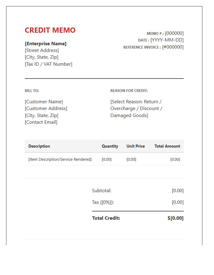 Enterprise Credit Memo Invoice Template
