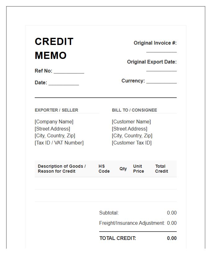 Export Credit Memo Invoice Template